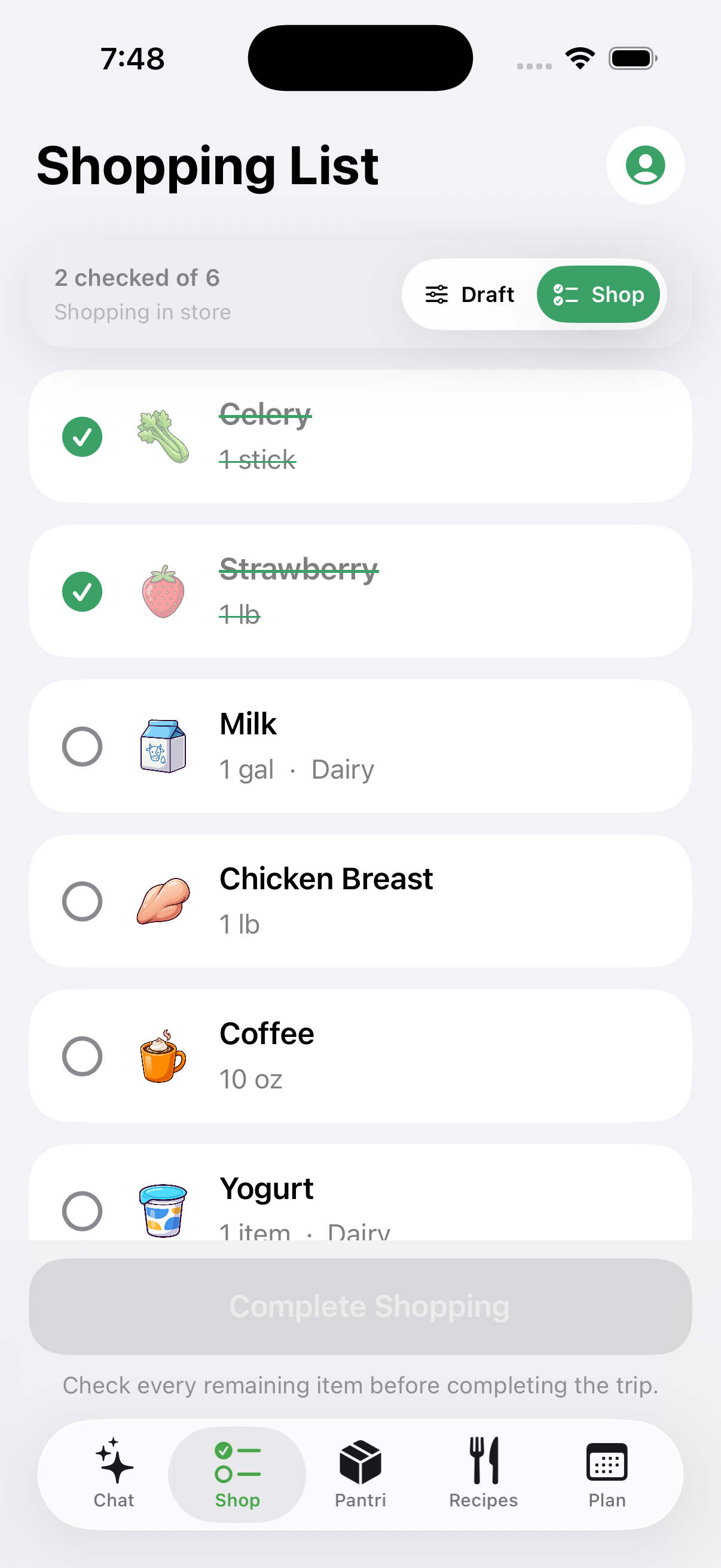 Pantri shopping list preview